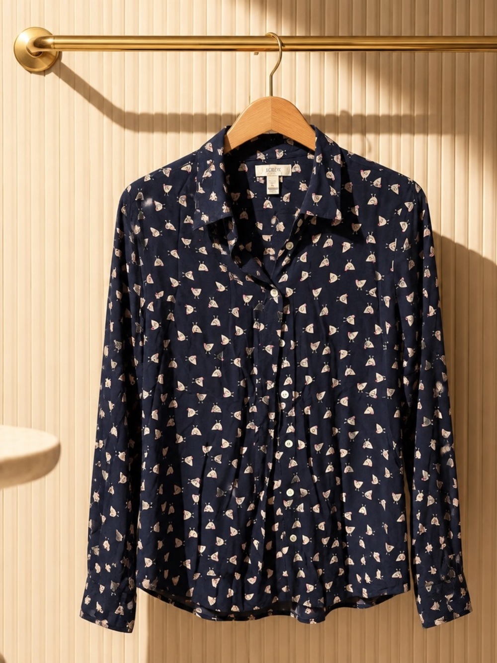 J. Crew Navy Silk Shirt with White and Pink chickens.